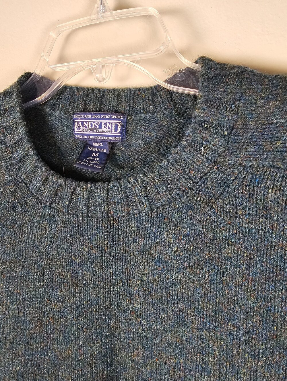 VTG Lands End Mens M 38-40 Green Speckled Crewneck Sweater Shetland Wool Made UK
